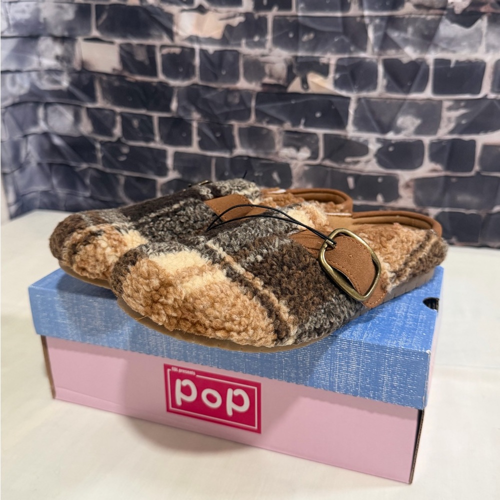 POP Theah Tan Multi Fur Clogs Mule Slippers Womens 7M Comfort Fit